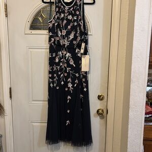 Adrianna Papell Navy Gown with Pink and Silver Details